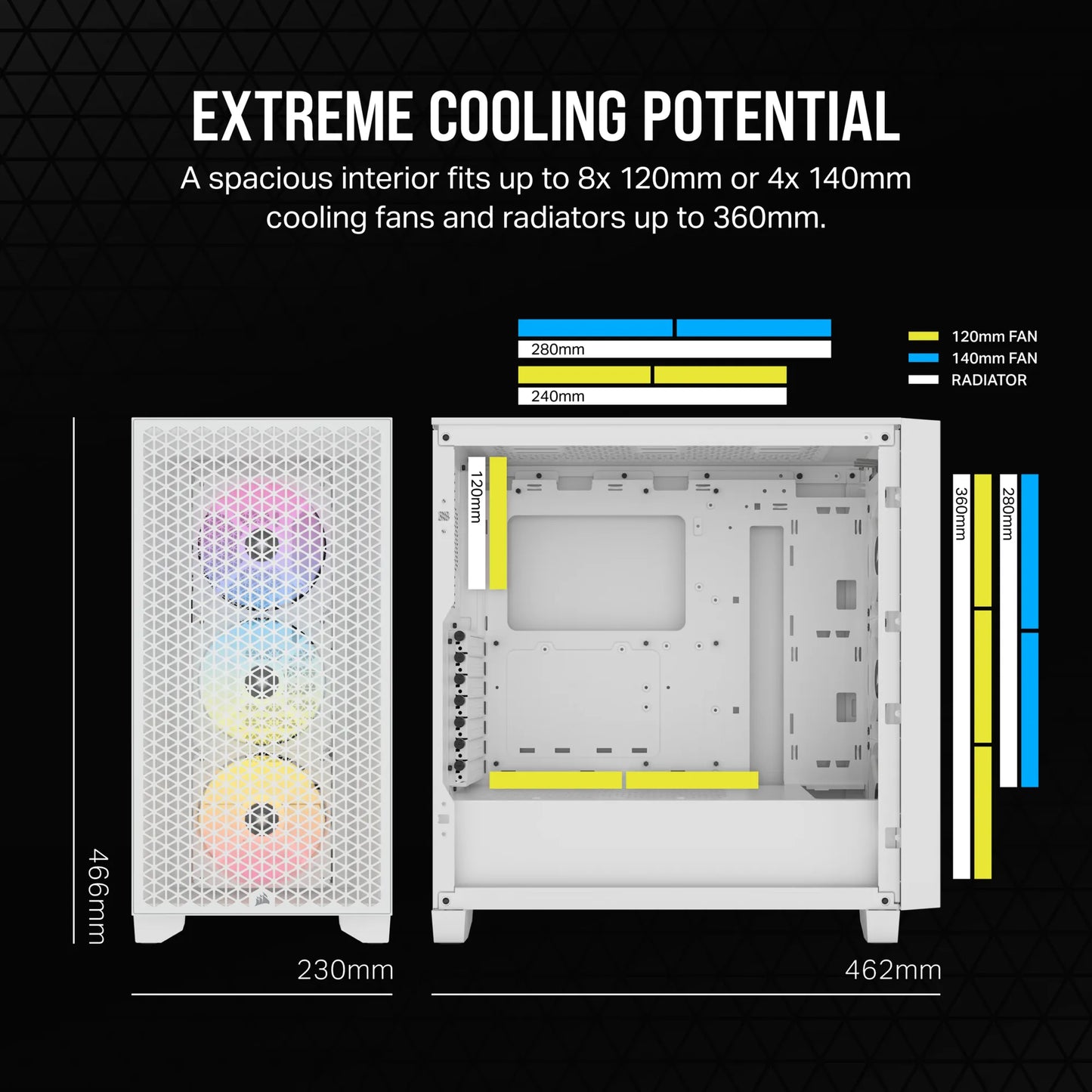 3000D RGB AIRFLOW White Mid-Tower PC Case; 2x 3.5'' | 2x 2.5'' Drive Bays; Up to 360mm Radiator compatible; 3x 120mm fan incl