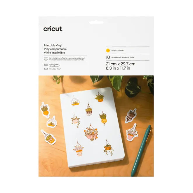 2010364 - Cricut Printable Vinyl Gold; 10 sheets 8.3 in x 11.7 in (21 cm x 29.7 cm); Requires inkjet printer; Compatible with Cr