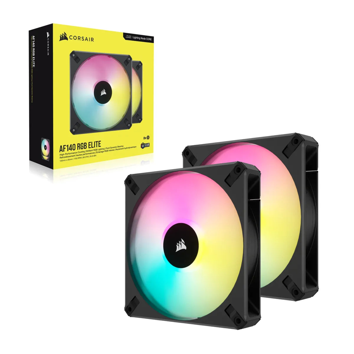 CORSAIR AF ELITE Series; AF140 RGB ELITE; 140mm Fluid Dynamic RGB Fan with AirGuide; Dual Pack with Lighting Node CORE