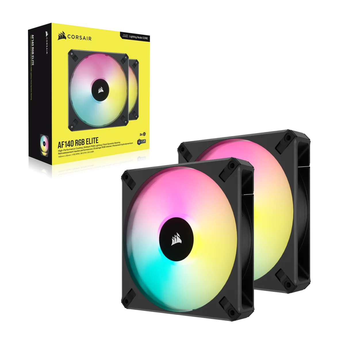 CORSAIR AF ELITE Series; AF140 RGB ELITE; 140mm Fluid Dynamic RGB Fan with AirGuide; Dual Pack with Lighting Node CORE