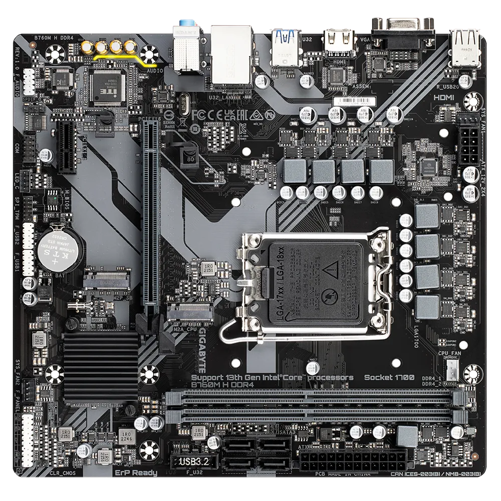 GIGABYTE Motherboard Intel® B760 Chipset for LGA 1700; 2x DDR4; 2x M2; VGA/HDMI; mATX.