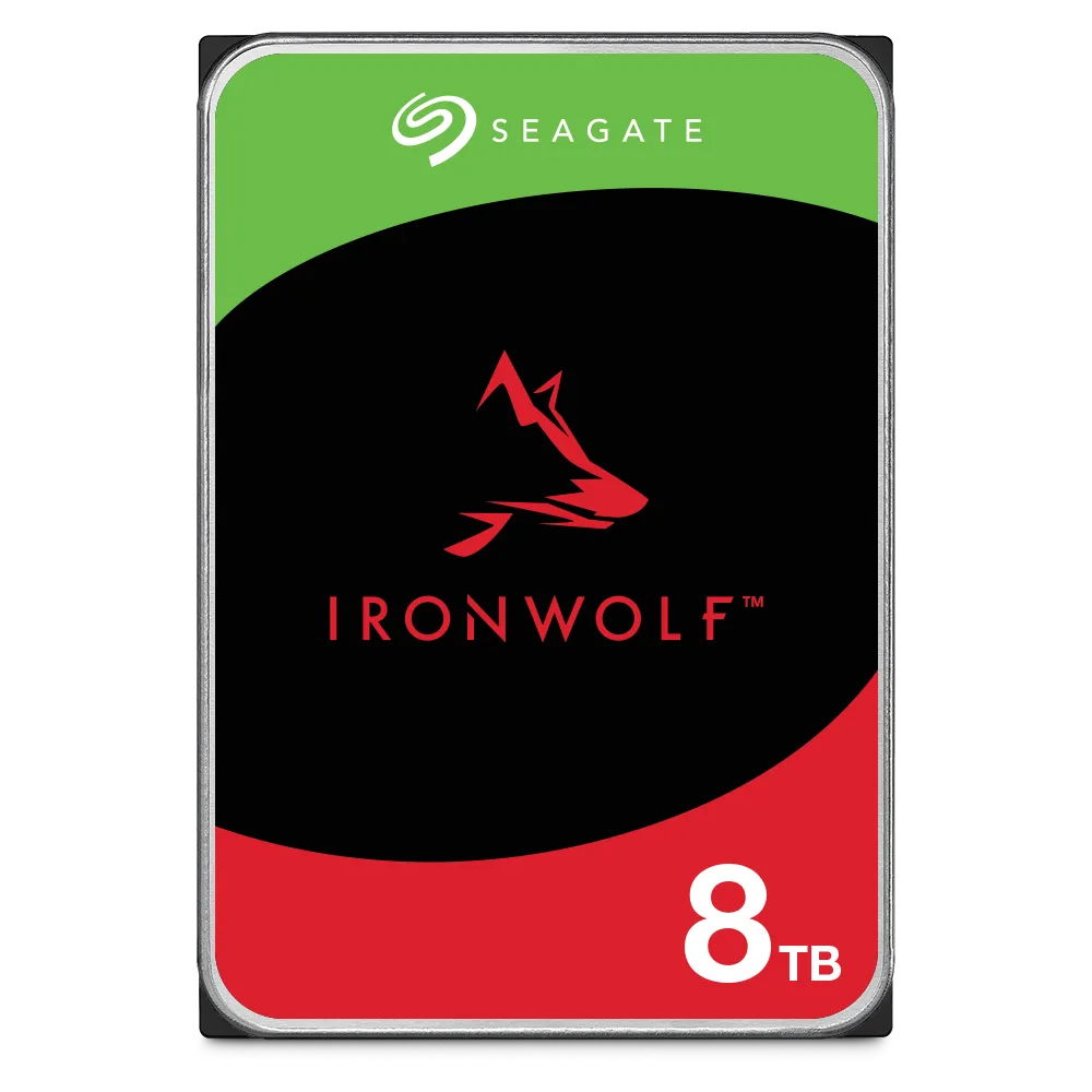 Seagate Ironwolf ST8000VN002 8TB 3.5'' HDD NAS Drives; SATA 6GB/s Interface; 1-8 Bays Supported; MUT: 180TB/Year; RV: Yes; Dual