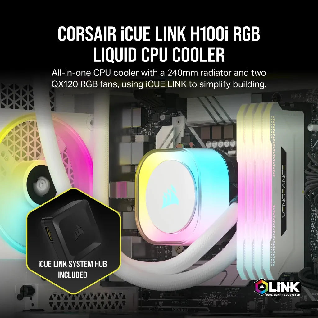 Corsair iCUE LINK H100i RGB Liquid CPU Cooler - QX120 RGB Fans - White - 240mm Radiator - Fits Intel® LGA 1700; AMD® AM5 - Hub I