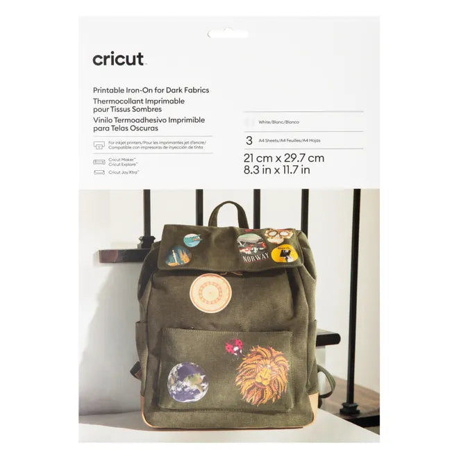 2010523 - Cricut Printable Iron on for dark fabrics; 3 sheets 8.3 in x 11.7 in (21 cm x 29.7 cm)