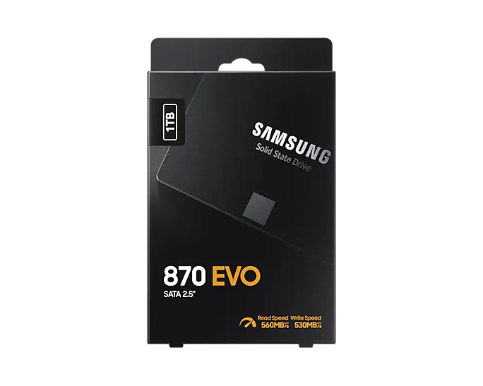 Samsung MZ-77E1T0BW 870 EVO 1 TB SATA SSD; Read Speed up to 560 MB/s; Write Speed up to 530 MB/s; Random Read Max 98000 IOPS; MK