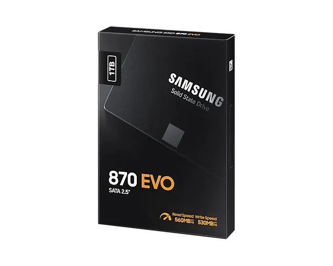 Samsung MZ-77E1T0BW 870 EVO 1 TB SATA SSD; Read Speed up to 560 MB/s; Write Speed up to 530 MB/s; Random Read Max 98000 IOPS; MK