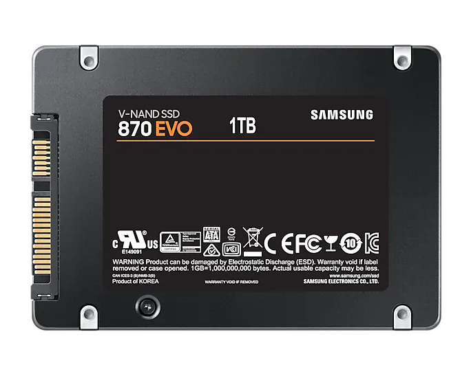 Samsung MZ-77E1T0BW 870 EVO 1 TB SATA SSD; Read Speed up to 560 MB/s; Write Speed up to 530 MB/s; Random Read Max 98000 IOPS; MK