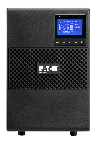 Eaton UPS system with digital display on a white background