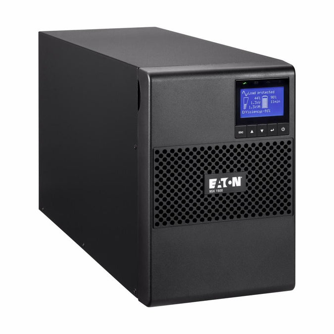 Black UPS (Uninterruptible Power Supply) with digital display on a white background