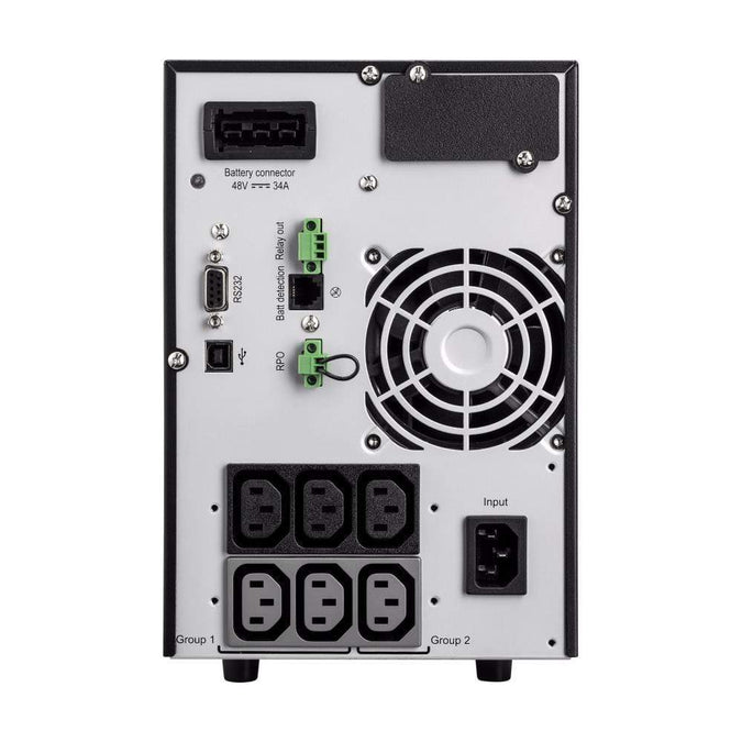 Back view of a power distribution unit with multiple sockets and connectors on a white background