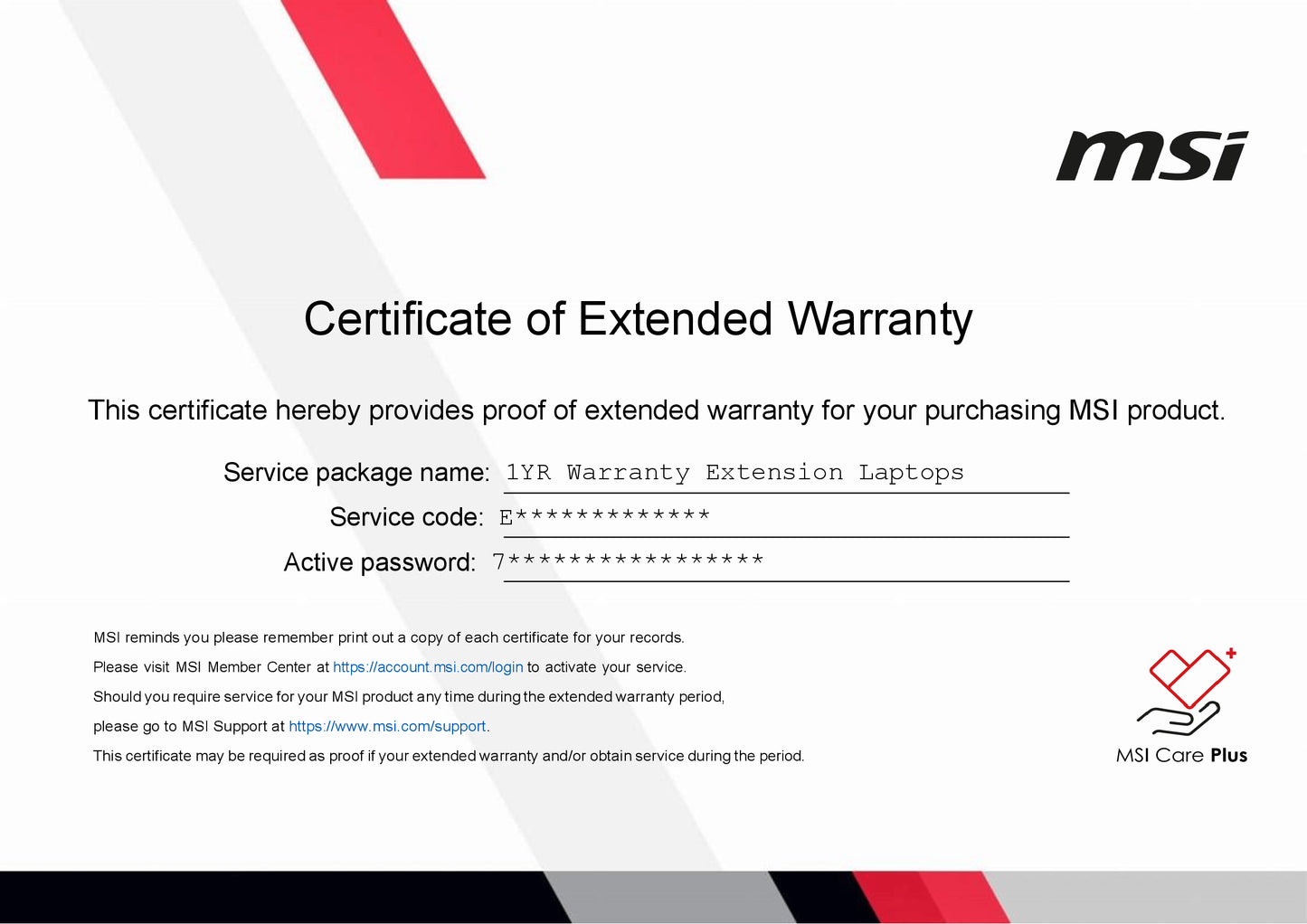 MSI WARRANTY EXTENSION...