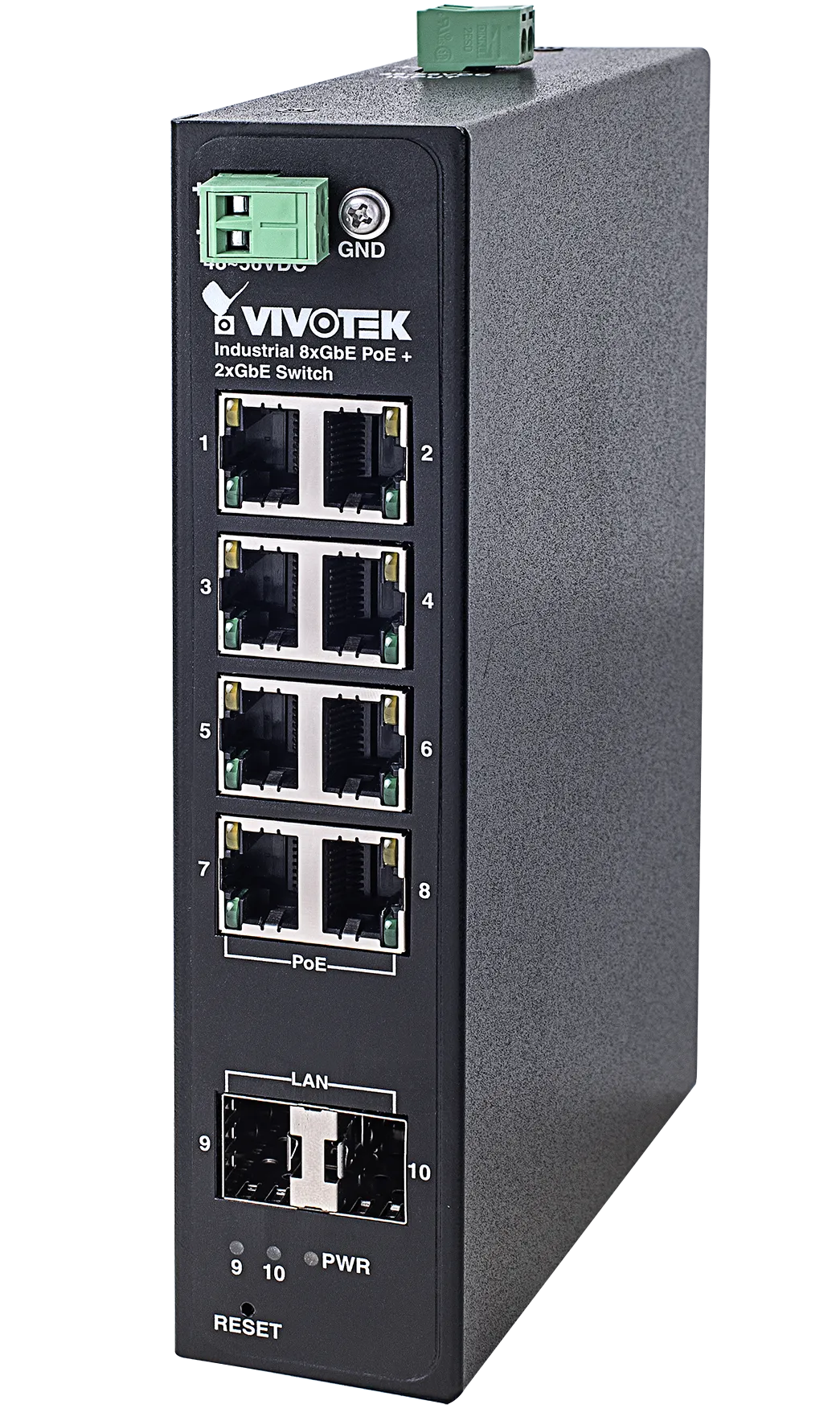 VIVOTEK Industrial 8xGE PoE + 2xGE SFP Switch -40-75 degrees; No Power Supply