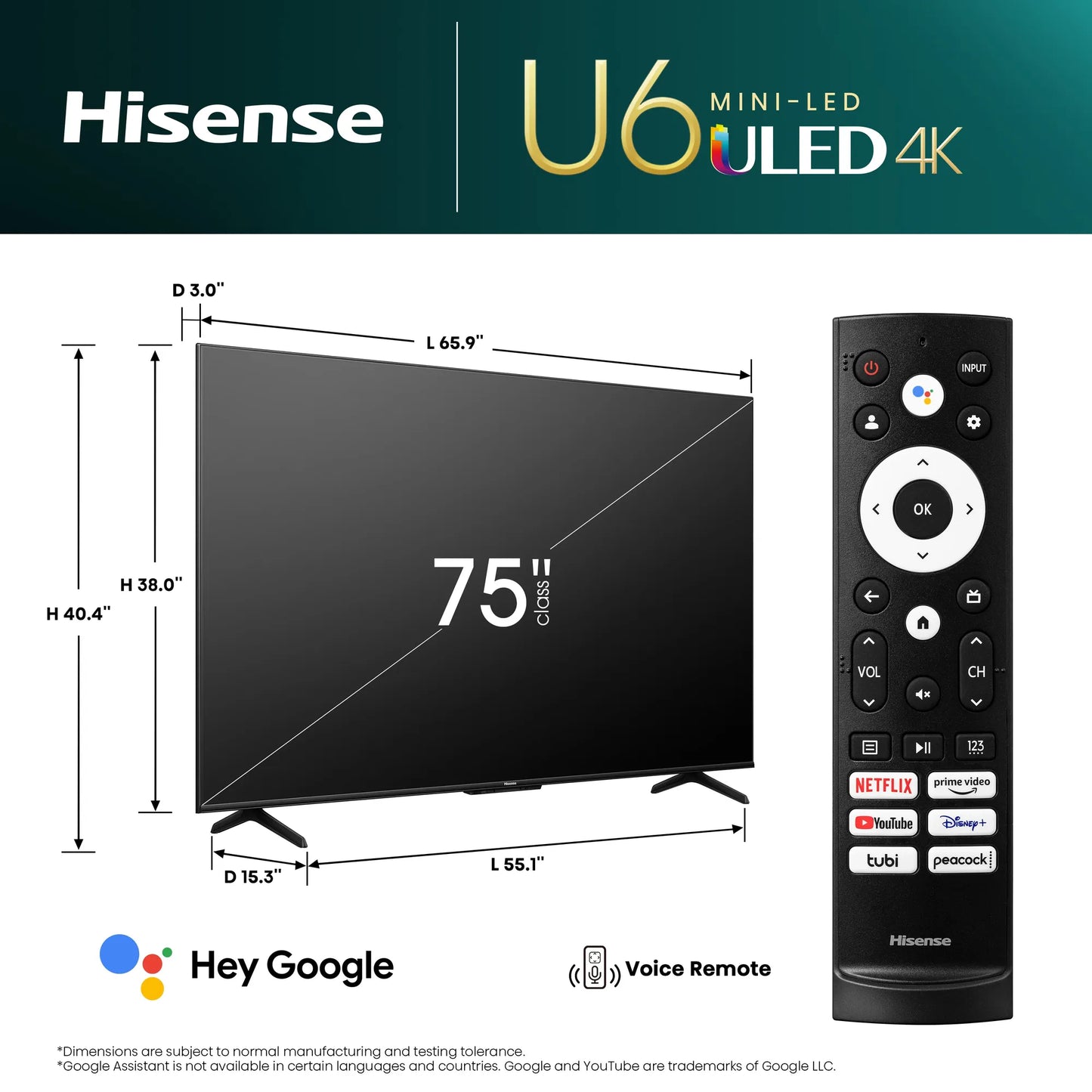 HISENSE LEDN75U6K; 75'' Quantum ULED 4K; Quantum Dot Colour; Dolby Vision; HDR10+; Dolby Atmos; VIDAA Voice; Airplay 2; Game Mod